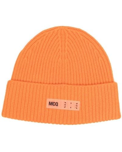 McQ Logo-patch Ribbed-knit Beanie - Orange