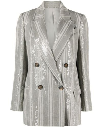 Brunello Cucinelli Sequin-embellished Double-breasted Blazer - Gray