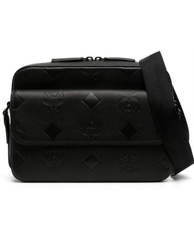 MCM Monogram Leather Messenger Bag - Black