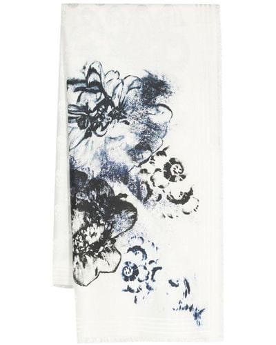 Alexander McQueen Foulard fleuri à bords effilochés - Blanc