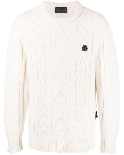 Philipp Plein Cable-knit Distressed-finish Sweater - Natural