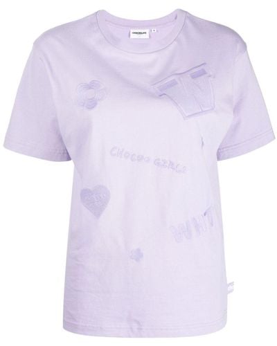Chocoolate Embroidered-slogan Cotton T-shirt - Purple