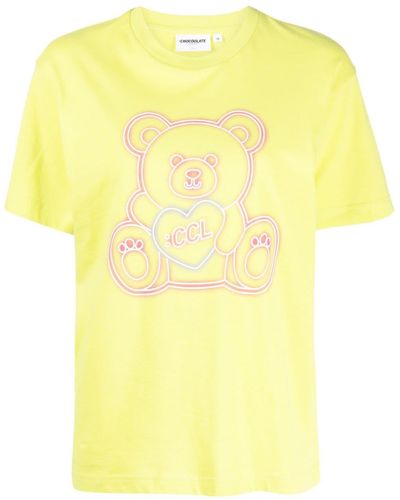 Chocoolate Teddy-bear Print Cotton T-shirt - Yellow