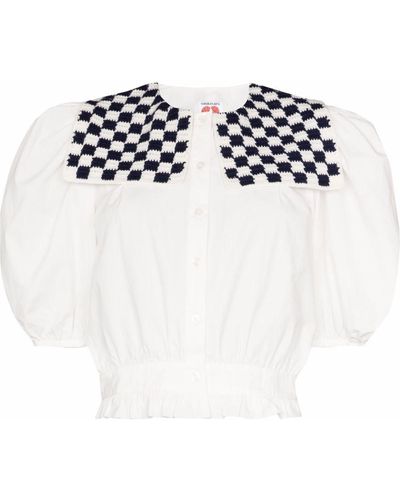 Shrimps Doria Knitted-collar Puff-sleeve Blouse - White