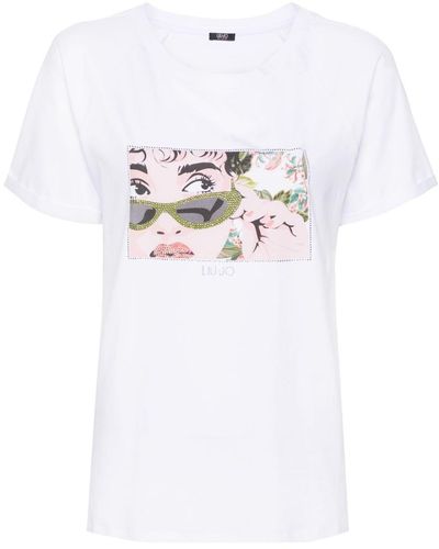 Liu Jo Illustration-print Rhinestone-embellished T-shirt - White