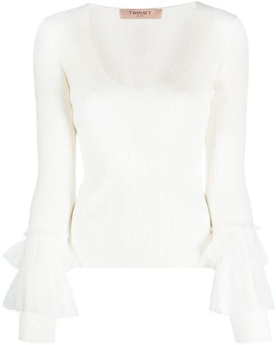 Twin Set Tulle-inserts Ribbed-knit Top - White