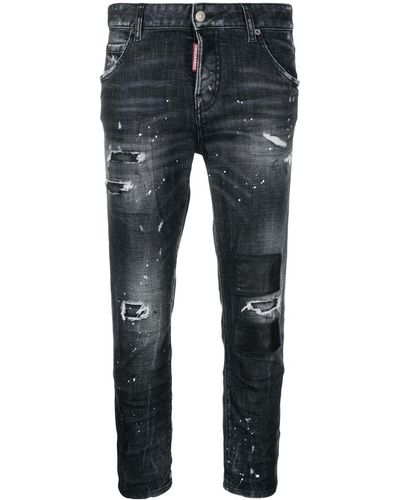 DSquared² Paint-splatter Ripped-detail Cropped Jeans - Blue