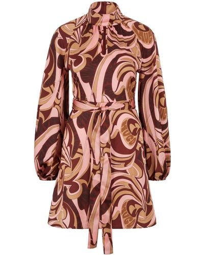 HUGO Midi-jurk Met Abstracte Print En Lange Mouwen - Bruin