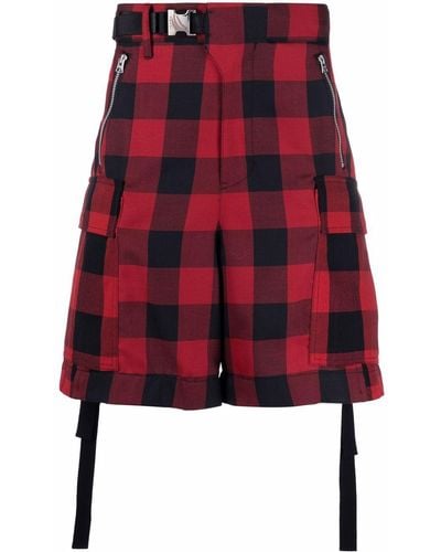 Sacai Check-print Belted Cargo Shorts - Red