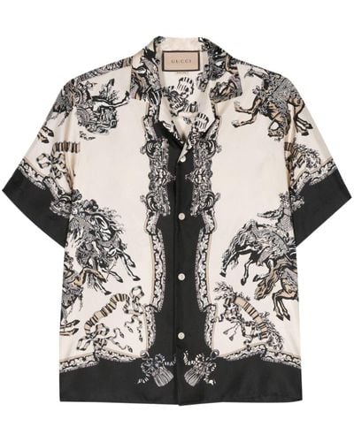Gucci Baroque-print Silk Bowling Shirt - Grey