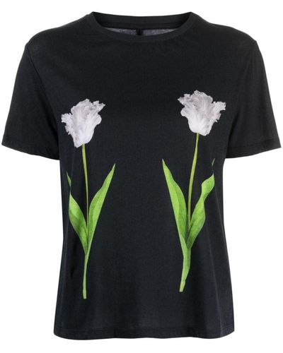 Cynthia Rowley Floral-print Cotton T-shirt - Black