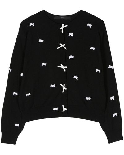 Pushbutton Bow-appliqué Knitted Cardigan - Black