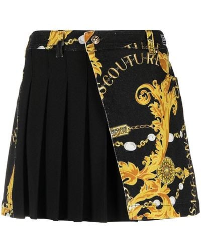 Versace Logo Couture Pleated Denim Skirt - Black