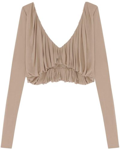 Saint Laurent Pleated Cropped Blouse - Natural