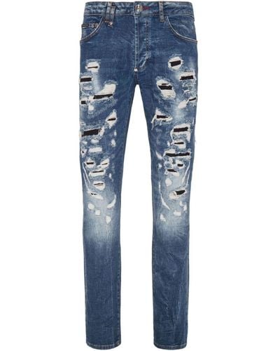 Philipp Plein Distressed-effect Mid-rise Slim-cut Jeans - Blue