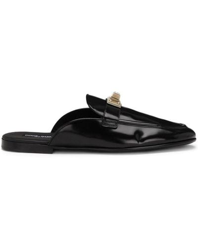 Dolce & Gabbana Slippers con placca logo in pelle - Nero