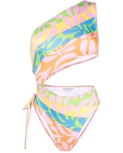 Solid & Striped Leaf-print Asymmetric Swimsuit - White