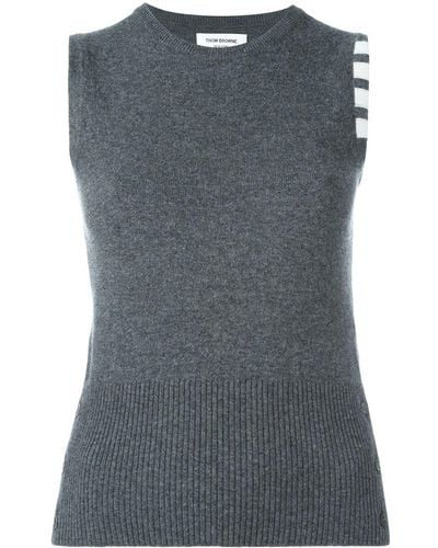 Thom Browne Sleeveless Crewneck Shell Top With 4-bar Stripe In Dark Grey Cashmere - Grijs