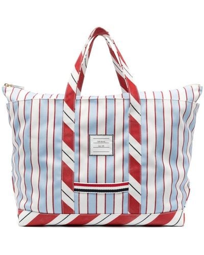 Thom Browne Logo Patch Striped Tote Bag - Red
