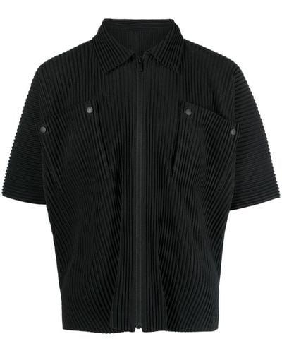 Homme Plissé Issey Miyake Pleated Short-sleeves Zip-up Shirt - Black