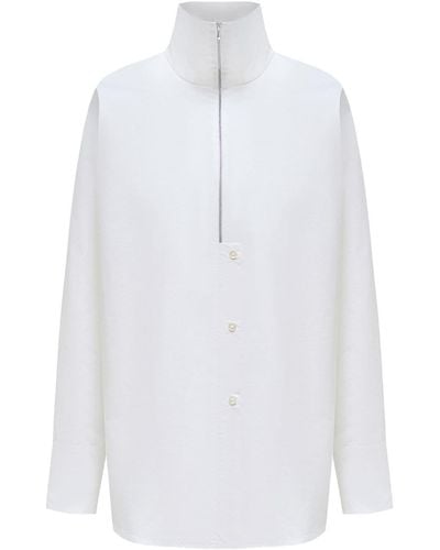 12 STOREEZ High-neck Cotton Zip Shirt - White