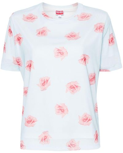 KENZO T-shirt superposé à rose imprimée - Blanc