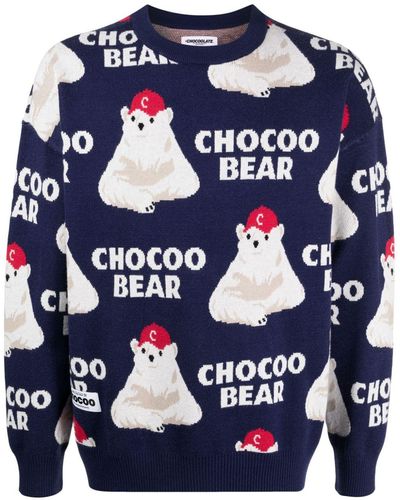 Chocoolate Intarsien-Pullover mit Chocoo Bear - Blau