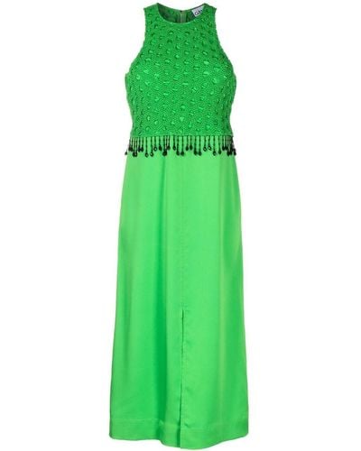 Ganni Smocked Satin Midi Dress - Green