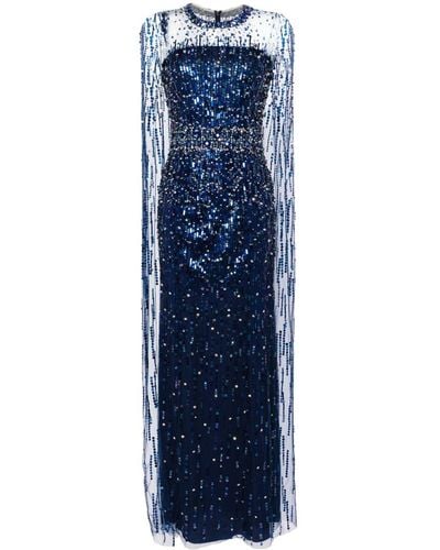Jenny Packham Lux Crystal-embellished Cape Gown - Blue