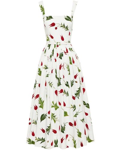 Oscar de la Renta Tulip-print Poplin Midi Dress - White