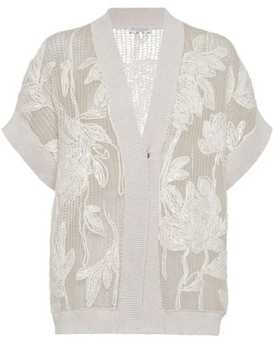 Brunello Cucinelli Net Embroidery Cardigan - White