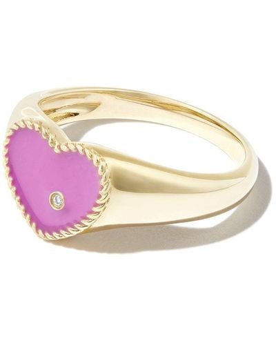 Yvonne Léon 9kt Yellow Gold Enamel Diamond Heart Signet Ring - Pink