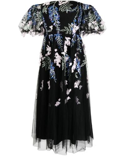 Marchesa Floral-embroidered Off-shoulder Midi Dress - Black