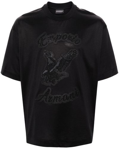 Emporio Armani ラインストーン ロゴ Tシャツ - ブラック