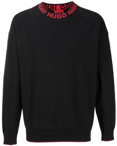 HUGO Logo-collar Fine Knit Cotton Sweater - Blue