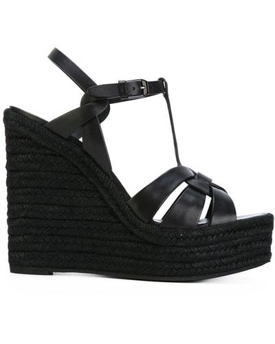 Saint Laurent Tribute Leather Espadrille Wedge Sandals - Black