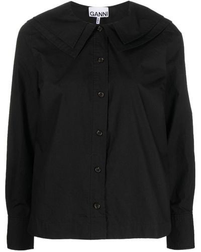 Ganni Chemise en coton à plastron contrastant - Noir