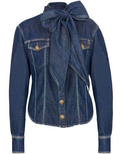 Balmain Chemise en jean à col lavallière - Bleu