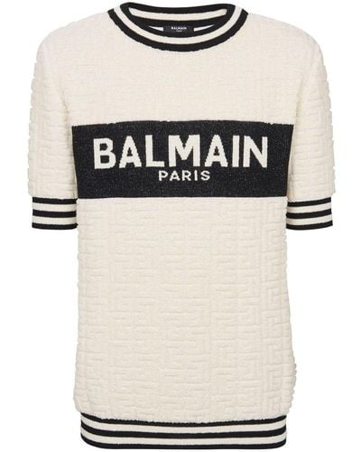 Balmain T-shirt en maille intarsia à logo - Blanc