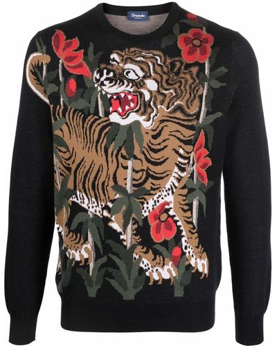 Drumohr Tiger-print Crew-neck Sweatshirt - Black