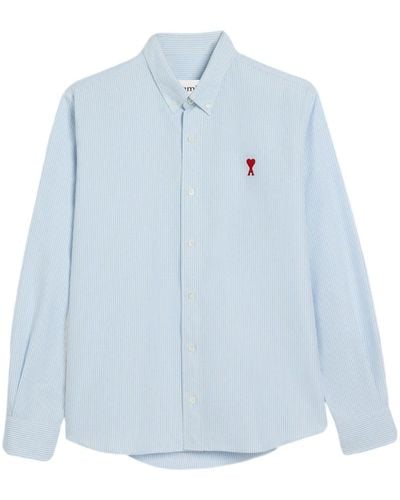 Ami Paris Logo-embroidered Striped Cotton Shirt - Blue