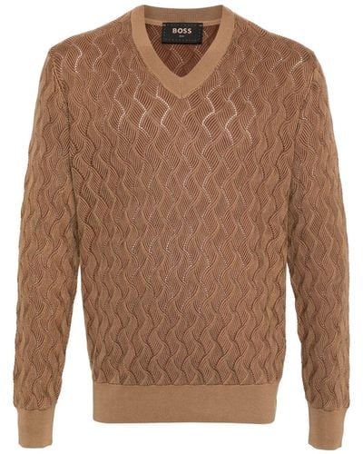 BOSS Aran-knit Silk Sweater - Brown