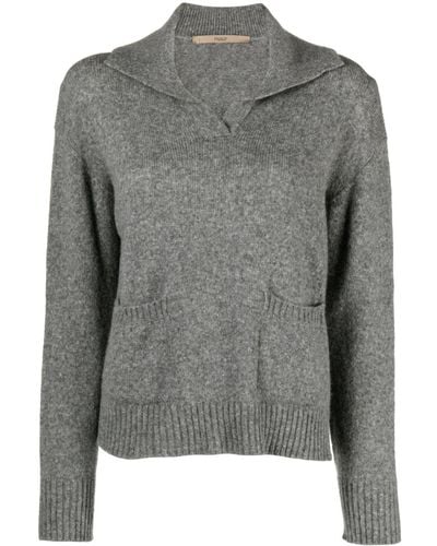Nuur V-neck Fine-knit Sweater - Gray