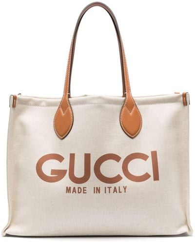 Gucci Borsa Shopping In Lino E Pelle - Neutro