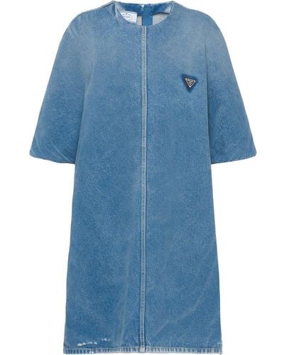 Prada Denim-Kleid mit Logo-Schild - Blau