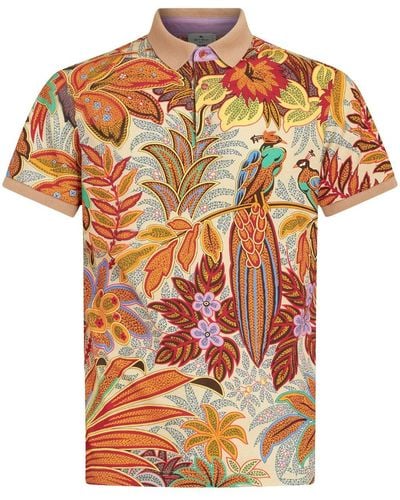 Etro Peacock-print Cotton Polo Shirt - Orange