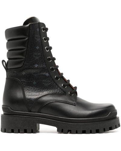 MCM Visetos-print Leather Lace-up Boots - Black