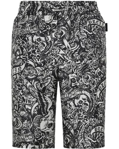 Philipp Plein Shorts aus Seide mit Tattoo-Print - Grau