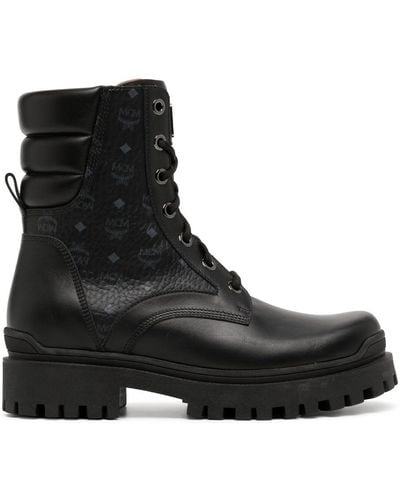 MCM Visetos Leather Lace-up Boots - Black