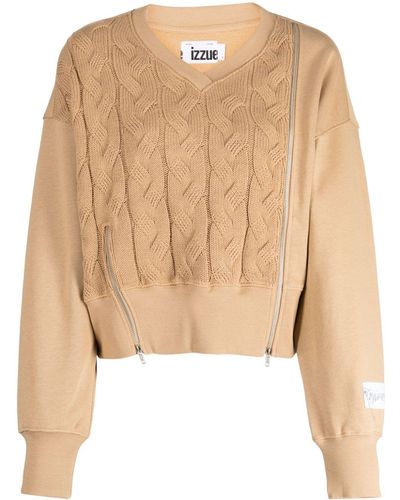 Izzue V-neck Long-sleeve Cable-knit Sweater - Natural
